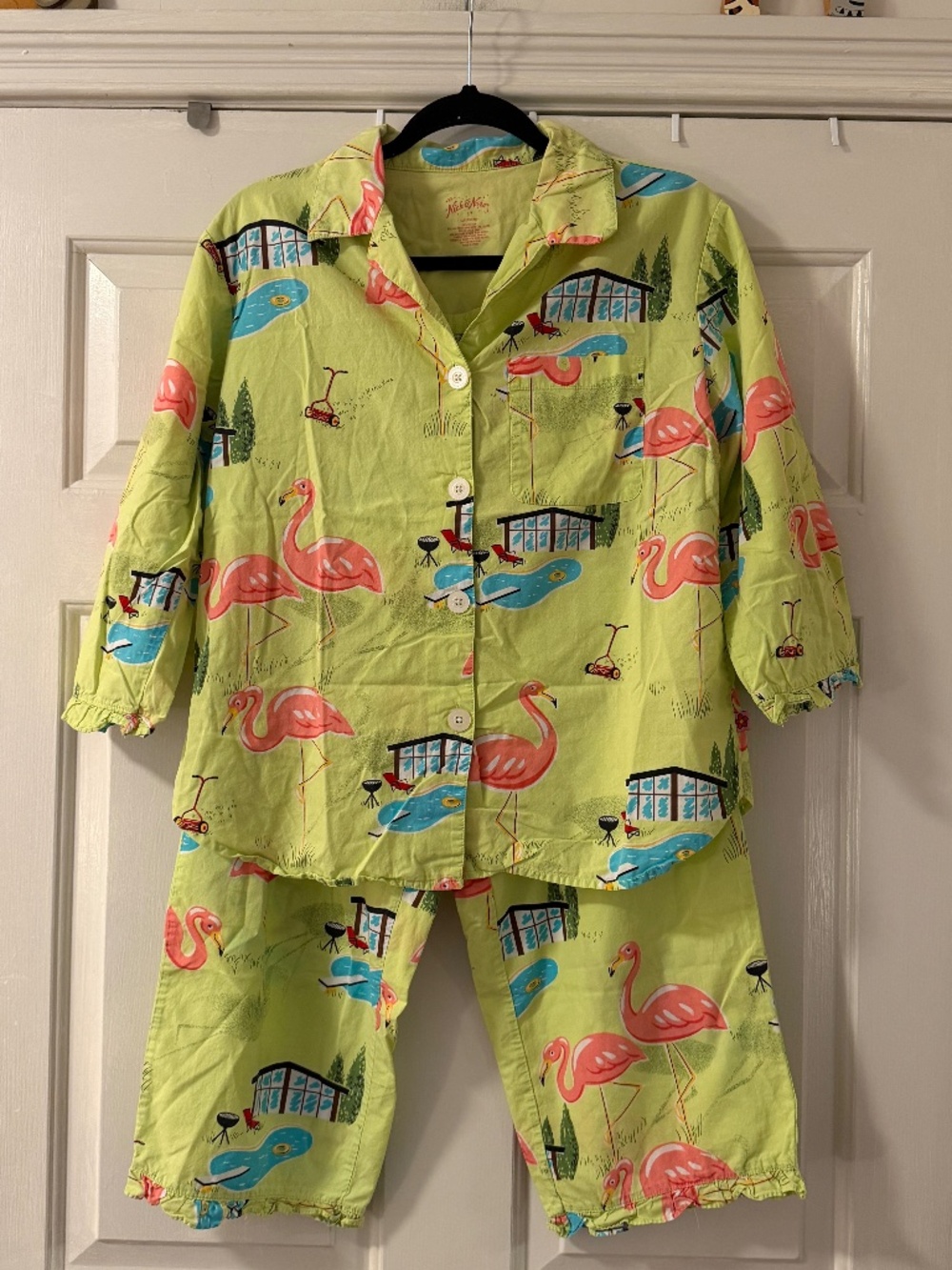 Nick & Nora 100% Cotton Backyard Flamingo Pajama Set Size Small 2-PC PJ Pool BBQ